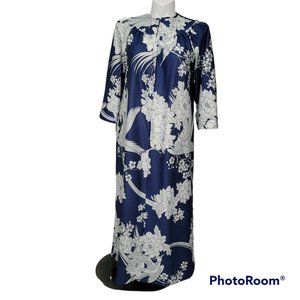 Vintage 70s 80s Blue White Tropical Floral Muumuu Zip Housecoat Kaftan Nightgown